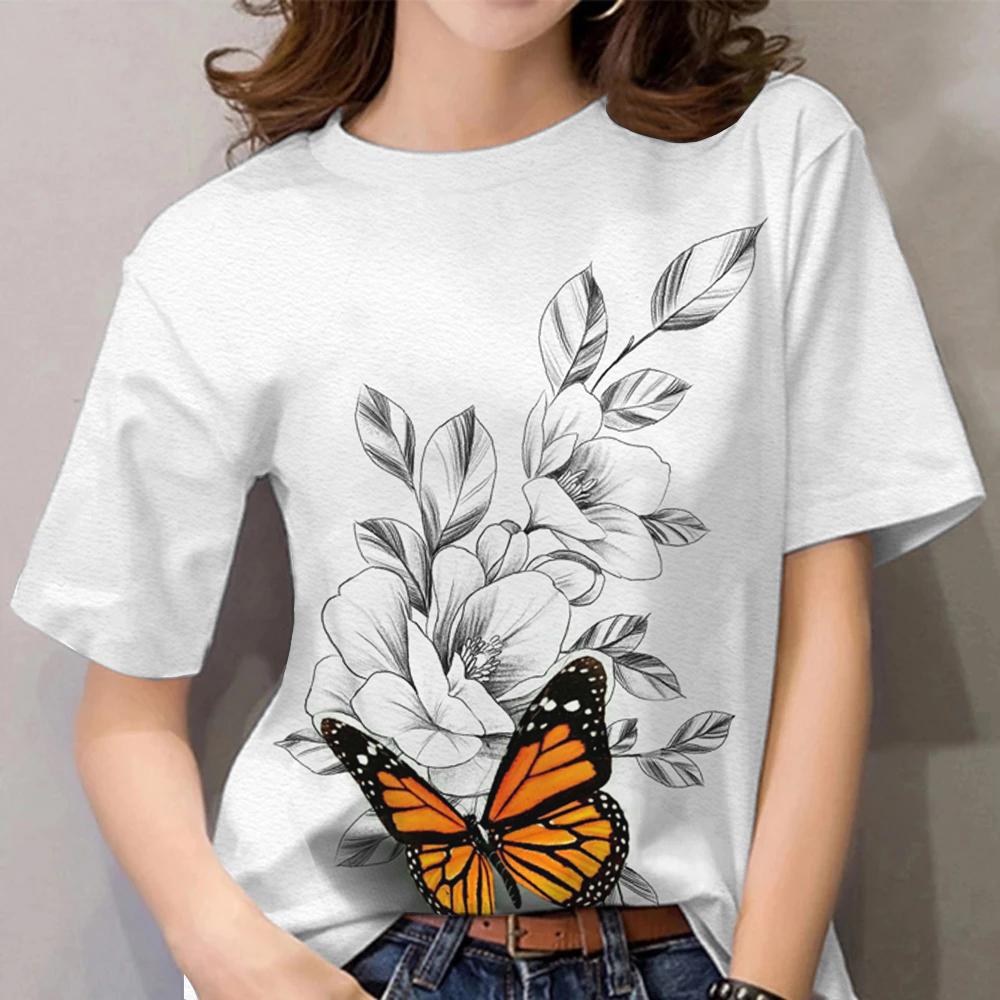 Summer Round Neck 3D Butterfly Flower Pattern Print Top Fashionable Casual Short Sleeved Women's T-shirts