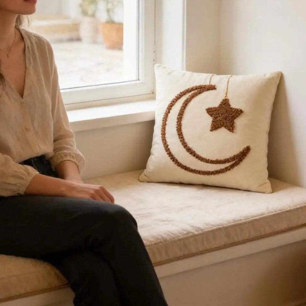 Moon Star Pattern Pillow Cover Edge Binding Invisible Zipper Throw Pillowcases Thicken Throw Pillow Cover Cultural Design