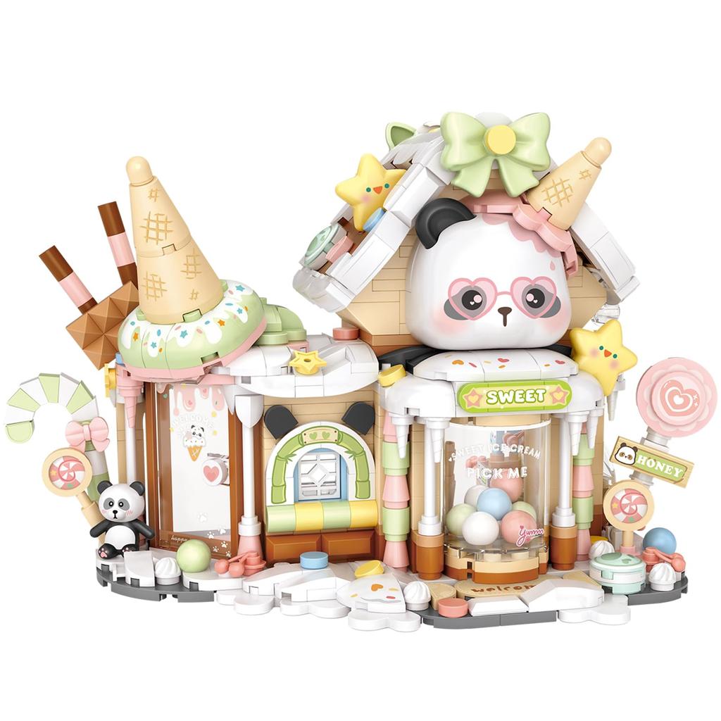 MEIEST Bloc de Construction Magasin de Glaces Panda, Ensemble de Blocs de Construction Magasin Mini Ville Rue Panoramique Jouet de Construction à Particules, Décoration de Maison