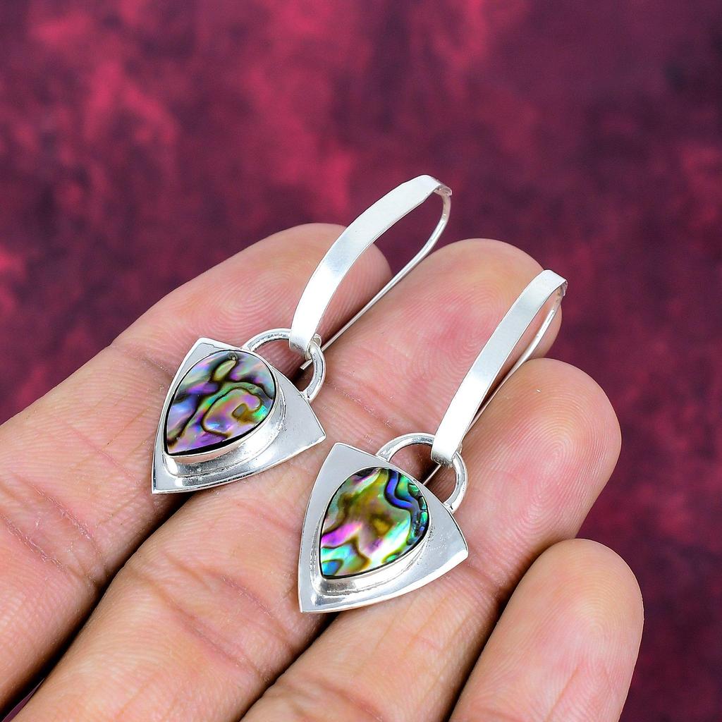 Abalone Shell 925 Solid Sterling Silver Earrings, Handmade Gemstone Earrings Jewelry, Gifts For Wife Brand New Earrings