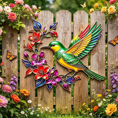 Bloom Kolibrie Metalen Wandkunst met Bloementuin Bord, IJzeren Beeld voor Binnen Buiten Wanddecoratie, voor Terras, Tuin en Schutting Kunst Decoratie