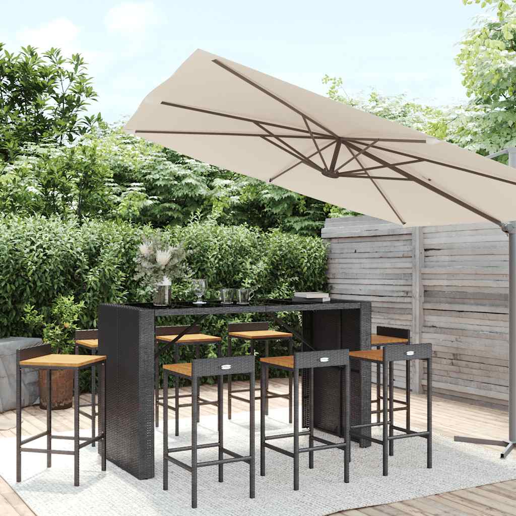 9 Piece Garden Bar Set Black Poly Rattan & Solid Acacia Wood