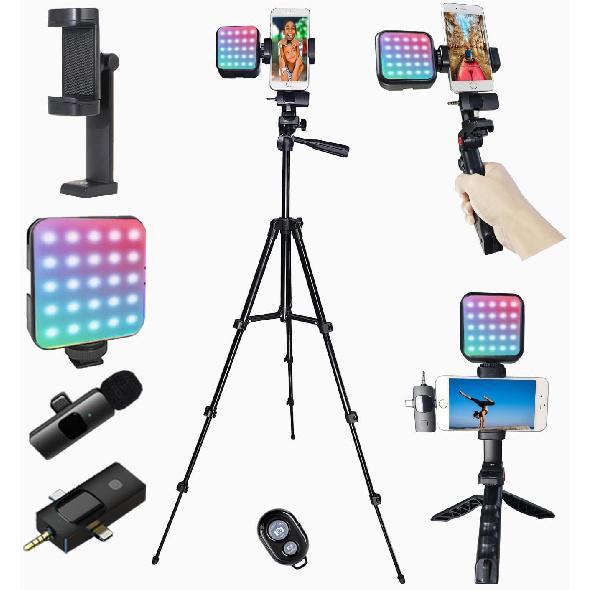 Vlogging Kit for iPhone, Vlogging Kit for Andriod Phone, Vlogging Camera Kit with RotatableHolder/Lavalier Mic/RGB Light/Remote/Extendable Tripod