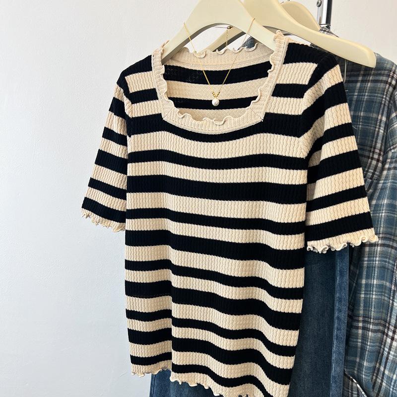 

Summer Square Neck Striped Knitted Women s Fungus Rim Top One size
