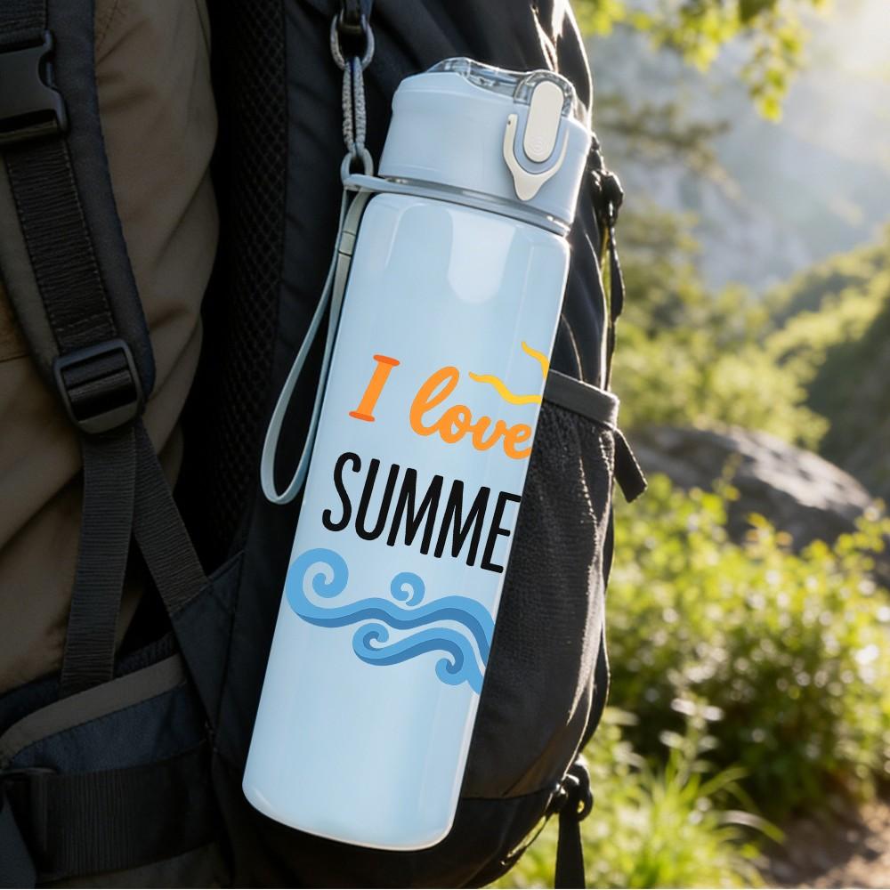 1PC I Love Summer Ocean Pattern 750ml Color Plastic Sports Water Bottle Leakproof Flip Straw Lid Suitable for Sports Office Home Use