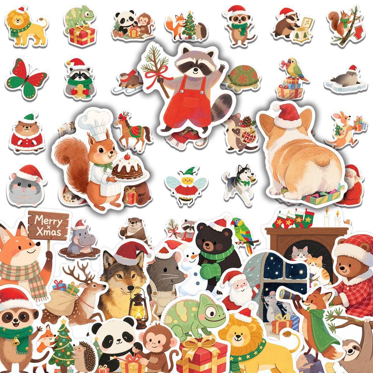 50 Christmas Animal Celebration Doodle Stickers for DIY: Water Bottles, Luggage, Notebooks B166
