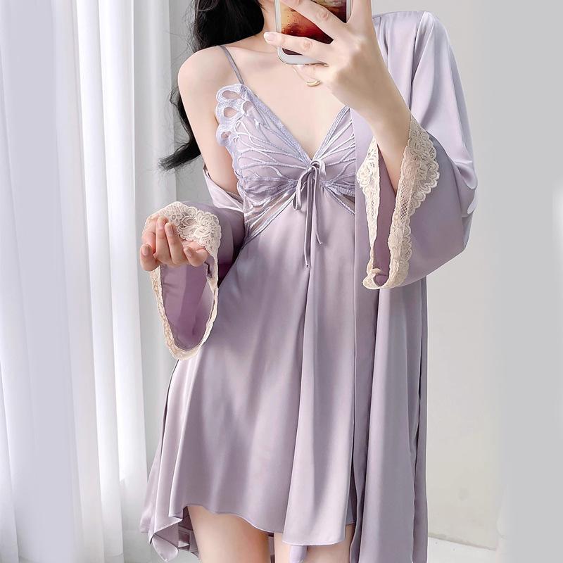 

Summer Sexy Butterfly Camisole & Robe Lingerie Set Large вина червоного кольору