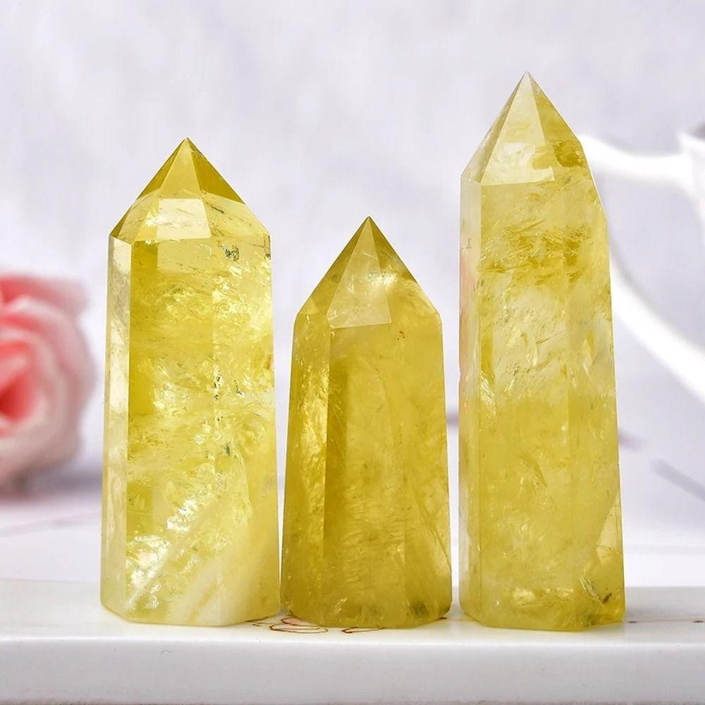 Beautiful Natural Crystal Unique Hexagonal Wand Column Home Decor Yellow Gem Office