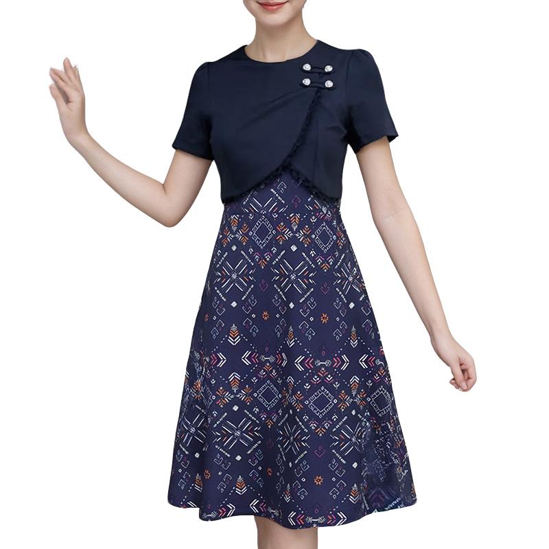 

ZANZEA Женское повседневное платье с круглым вырезом, коротким рукавом, в стиле ретро, с лоскутным принтом тёмно-синий