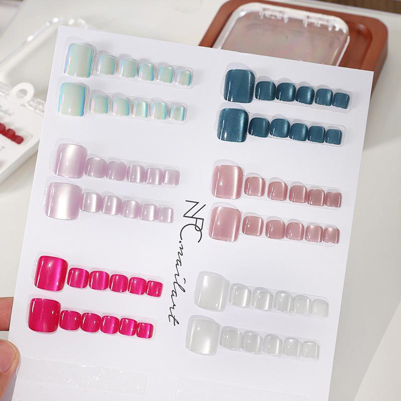 10 Pcs/Box French Fake Nails Glossy Cat-Eye Nail Art Design Short Square Press On Nail Full Cover False Toe Nail Extension