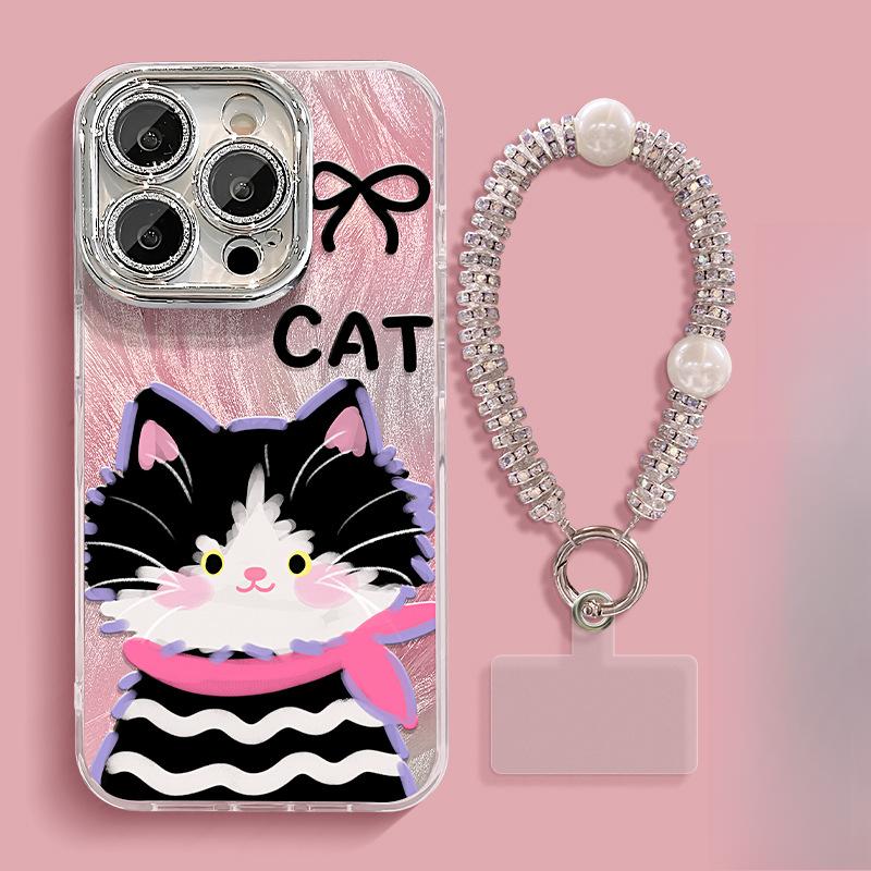 Niedliche Graffiti-Katze Geeignet für Apple 16 Federgarn Handyhülle Huawei Mate70pro Halterung Armband 15/14 Frauen