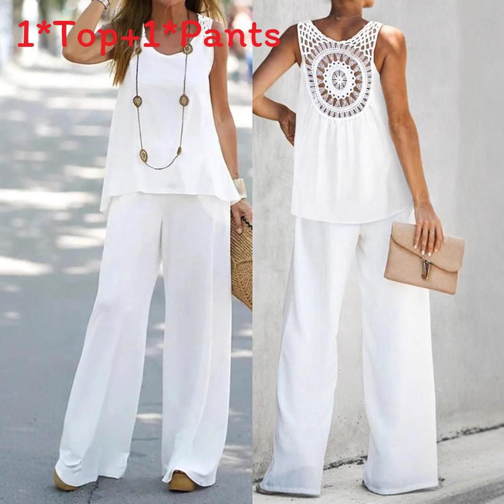 Bohemian Style Sleeveless Top And Wide Leg Pants Set With Polyester Fabric For Casual Summer Wear