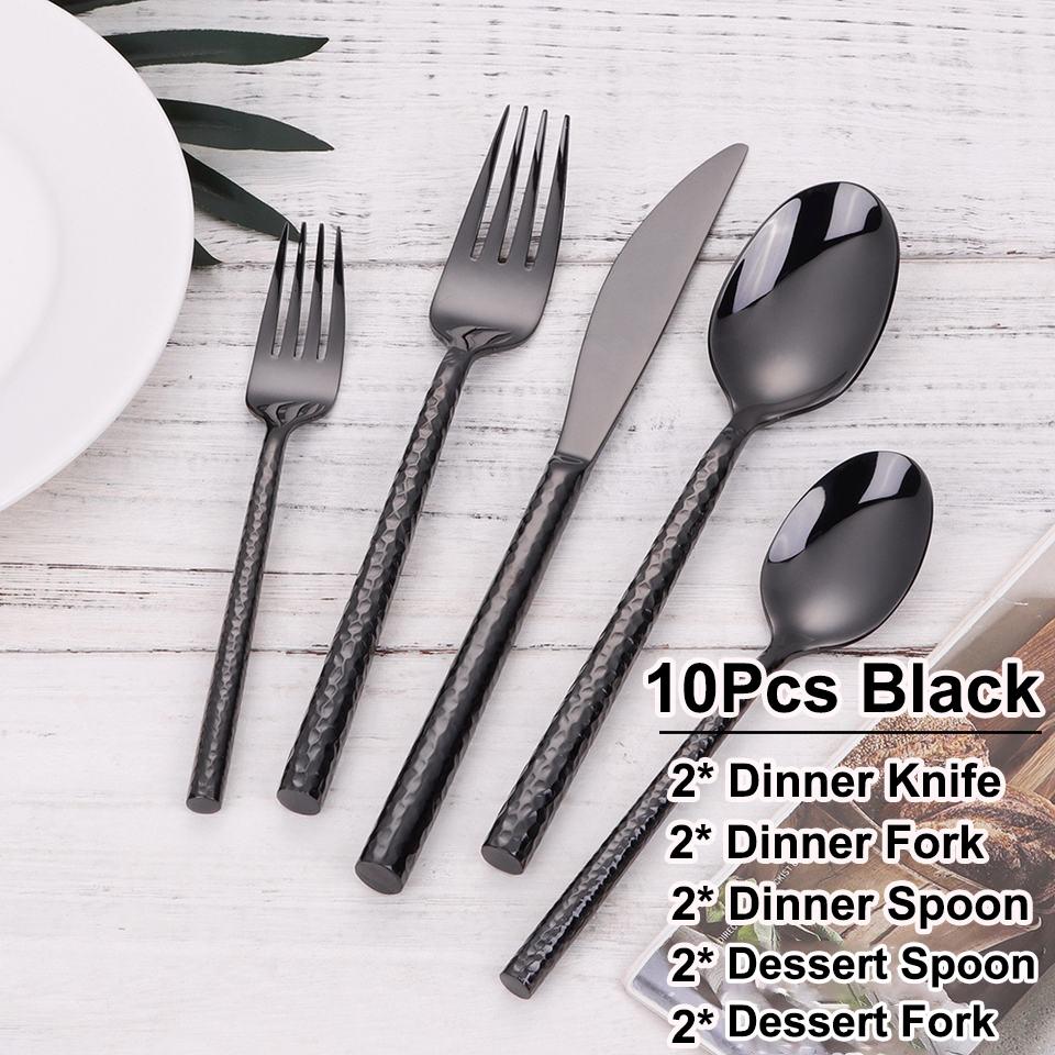 5/10/15/20Pcs Gold Heavy Cutlery Sliver Dinner Set Stainless Steel Tableware Mirror Western Hammer Pattern Handle Knife Fork