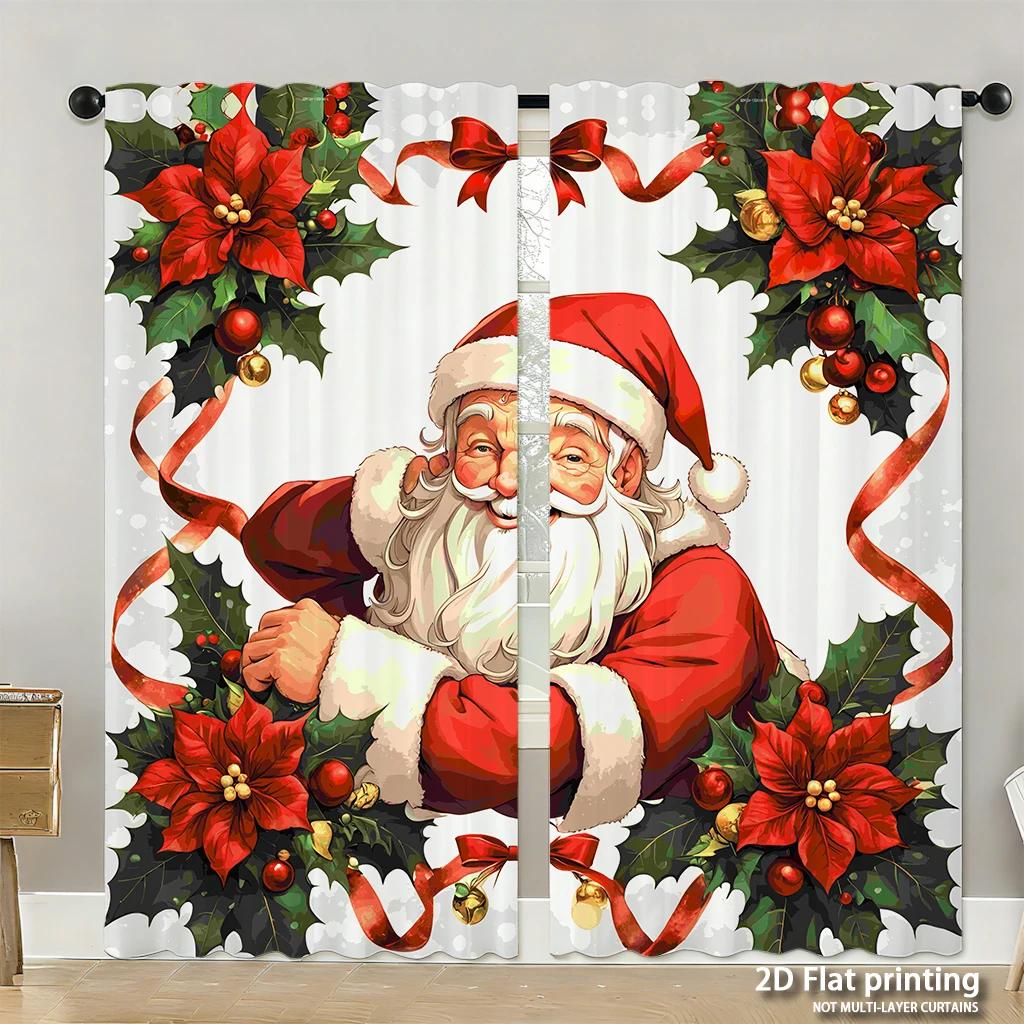 Piece Set High Definition Digital Printed Curtainschristmassantaredhollyflowersribbonhome Decoration Style Curtains Made Of Polyester