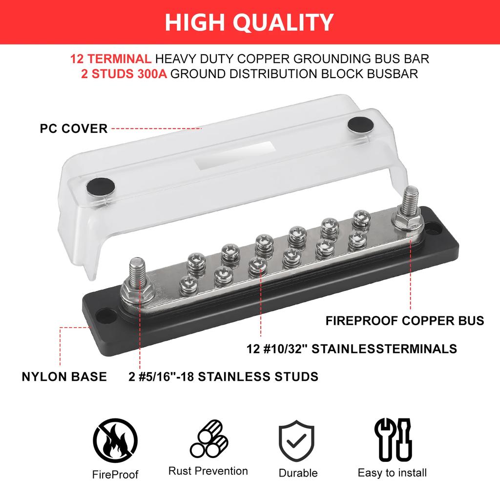 Power Distribution Block with Cover 12 X 5/16" Studs Bus Bar Terminal Block Max 300A 48V DC for Car Boat Marine Trucks RV