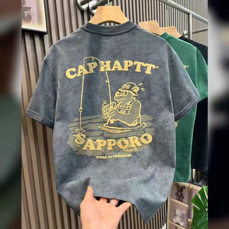 American Heavy Short-Sleeved T-Shirt Men'S Loose Trendy Brand Half-Sleeve Printed T-Shirt Cotton Top Retro