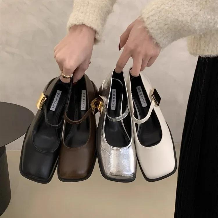 New Women Fashion Square Toe Close Toe Ankel Strap Mules Ladies Elegant Mary Jane Ballet Shoes Mid Heel Dress Pumps 2025