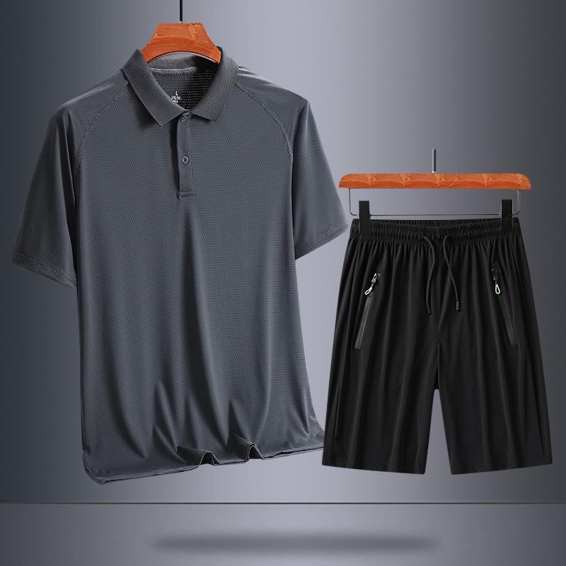 Men's Ice Silk Sports Suit - Comfortable Summer Casual Short Sleeve for Dad, Middle-aged, and Elderly.