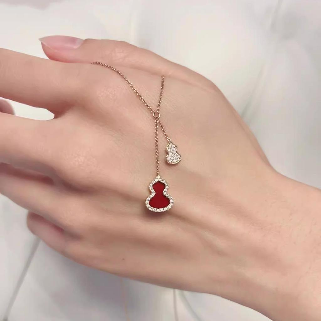 S925 Sterling Silver Gourd Necklace: Women's Chinese Style Red Agate Tassel Pendant Chain