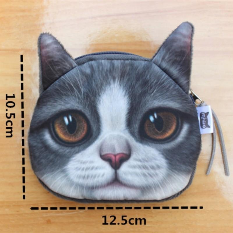 New 3D Realistic Cat Head Coin Purse Fold Eared Grey Short Hair Cat Animal Wallet Cute Pet Style