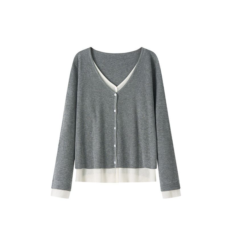 

Versatile Retro Color Matching Plus Size Ladies Knitted Cardigan Fake Two-Piece Peot Gray (in Stock) XL(Suitable for 130 to 75kg)