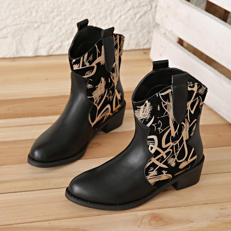 Women's Pointed Block Heel Medium Heel Alphabet Graffiti Low Leg Boots Sleeve Western Cowboy Knight Boots Women's Plus Size