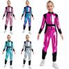 Kids Halloween Alien Cosplay Jumpsuit: Long Sleeves High Waist Shiny Metallic Zipper Athletic Bodysuit for Role Play
