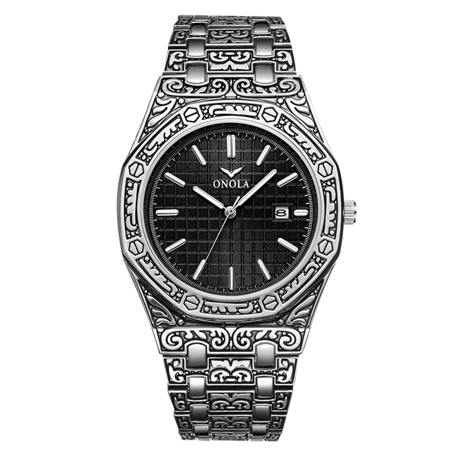 

RORIOS Men s Stylish Watch with Engraving, Classic Retro Style, Date Display, Water Resistant, Stainless Steel Band, Quartz Movement, Analog,