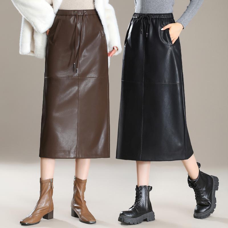 Elegant Slimming Mid-Length Lambskin Skirt with Slit for Women - Fashionable High-End Casual Style