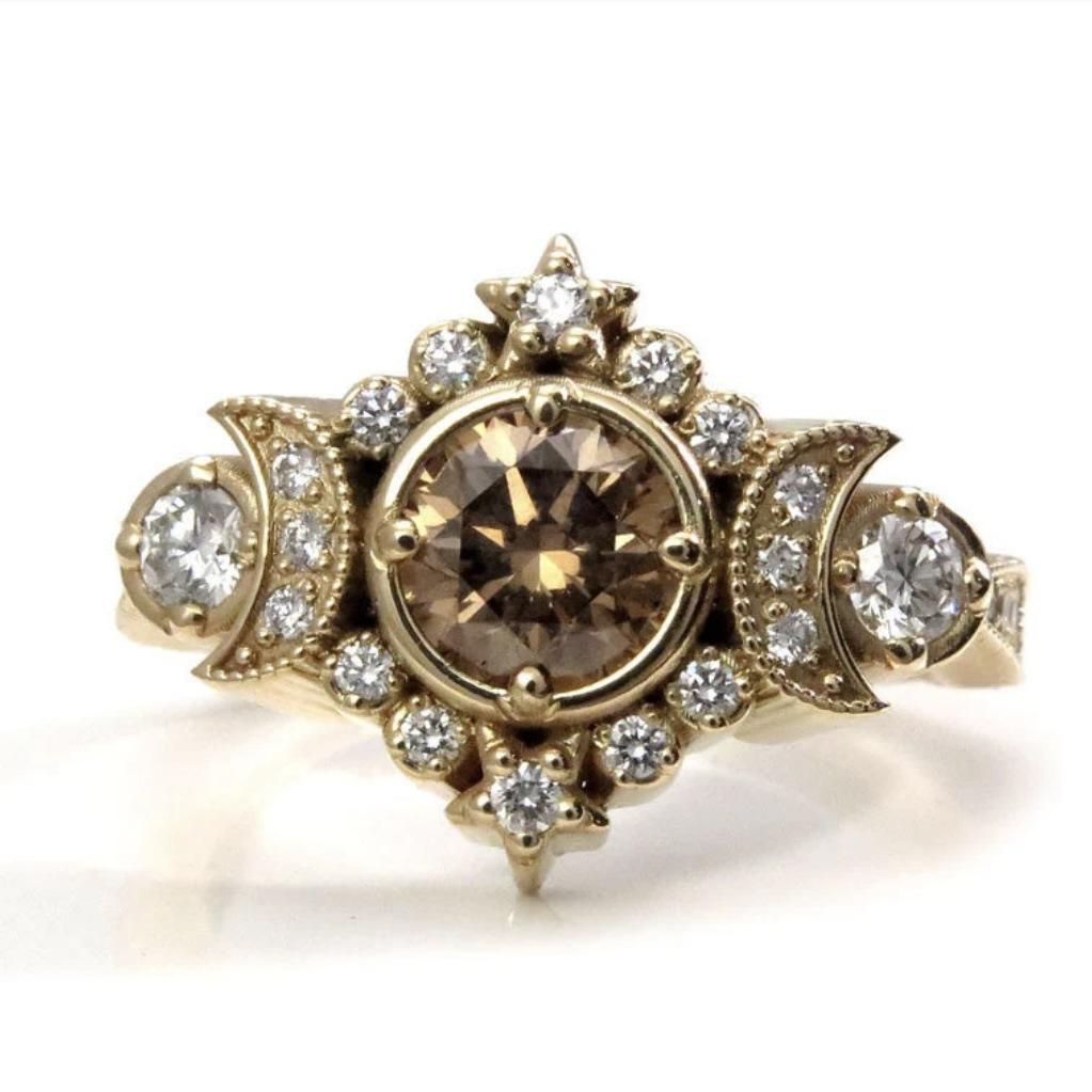 Moonlight star coffee diamond ring women's fashion versatile niche high-end zircon jewelry