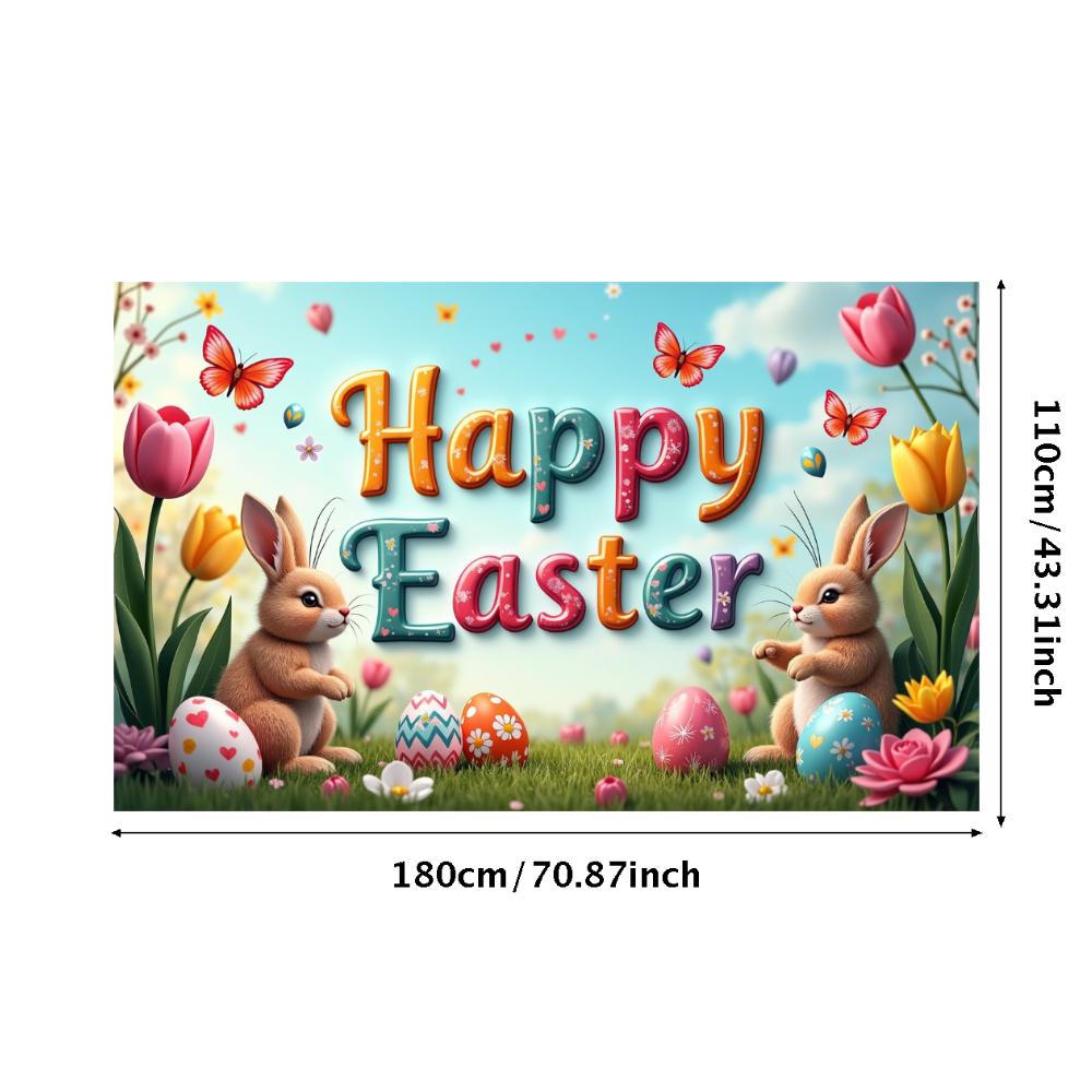 Happy Easter Banner Bunny Ears With Colorful Eggs Butterflies Backdrop Decorations Spring Celebration Background Party Supplies