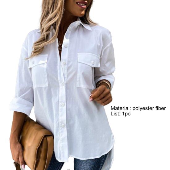 Umlegekragen Einreiher Langarm Klappentaschen Damenhemd High-Low Saum Seitenschlitz Locker geschnittenes Hemd Damenbekleidung