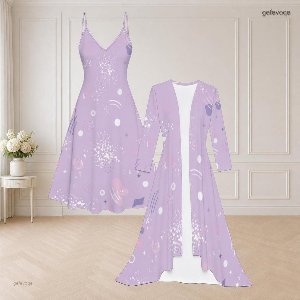 Women Plus Size Two Piece Set Spaghetti Strap V Neck Flared Dress Long Sleeve Open Front Printed Cardigan Black Blue