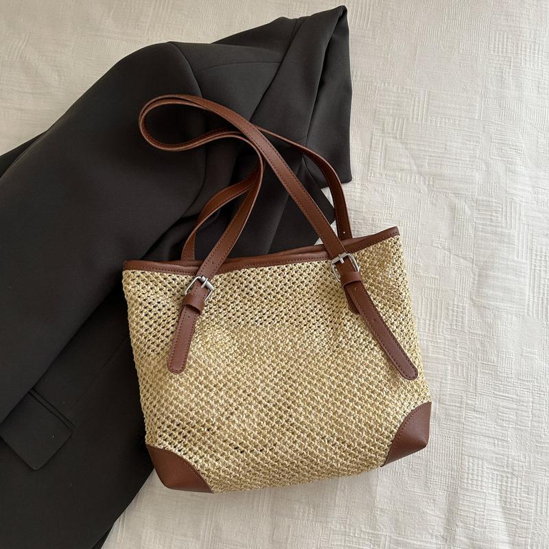 

Винтажная плетеная сумка большой вместимости женская новая универсальная отпускная пляжная сумка нишевая повседневная ленивая сумка-тоут коричневый