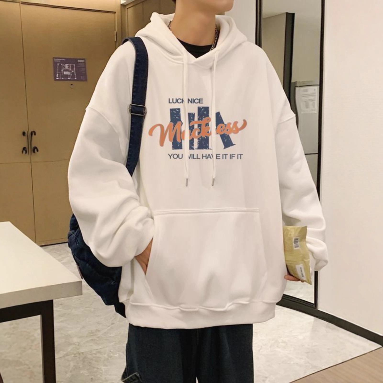 

Printed Hooded Sweatshirt Men s Autumn and Winter Velvet Thickened Hong Kong Style Student Loose Daily Wear Jacket High Quality Practical Daily Use M белый