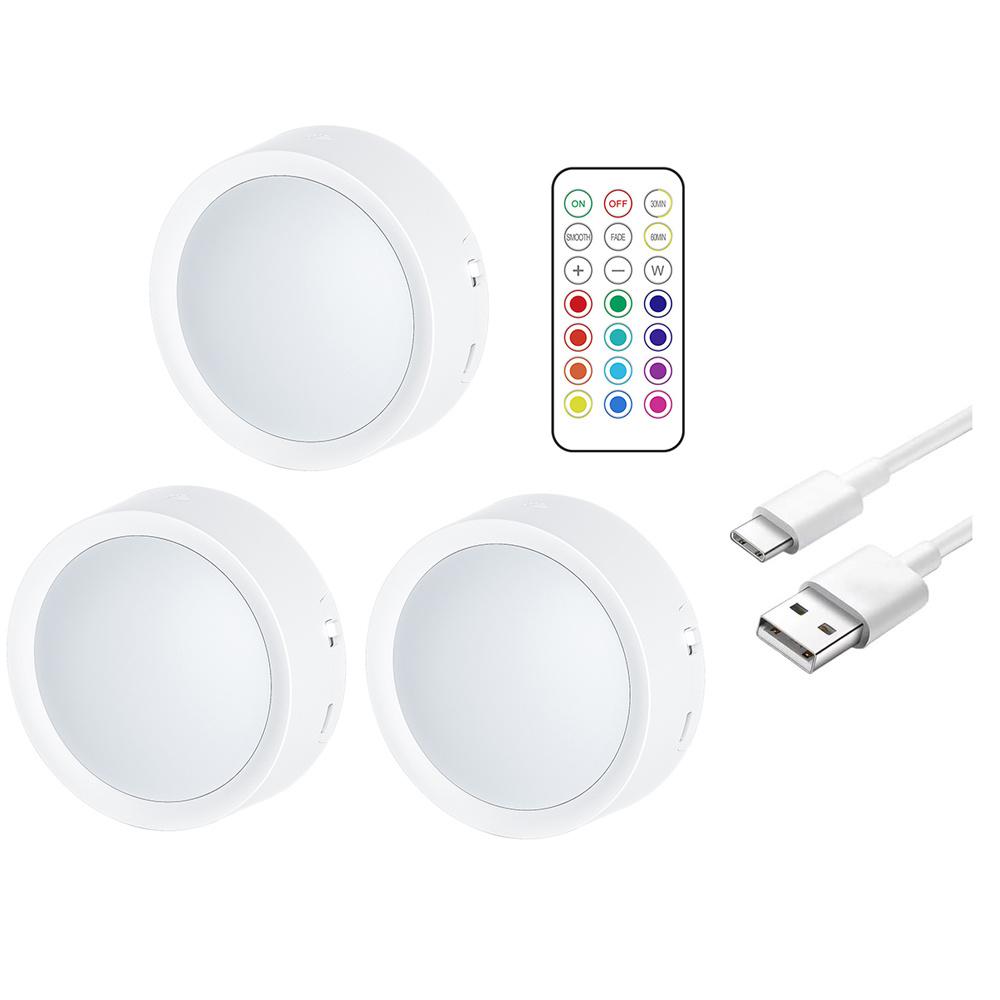 USB Rechargeable LED Puck Light  RGB Color  3 Lamps  1 Remote and Timer  Holiday Fairy Decoration for Bedroom Foyer  86mm