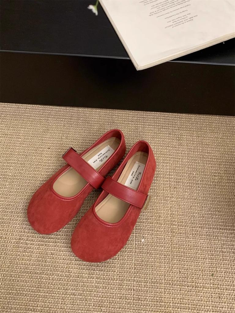 2025 Spring New Suede Red Light Mouth Single Shoes Female Retro Gentle Fairy Style Casual Soft Flat Bottom with Skirt