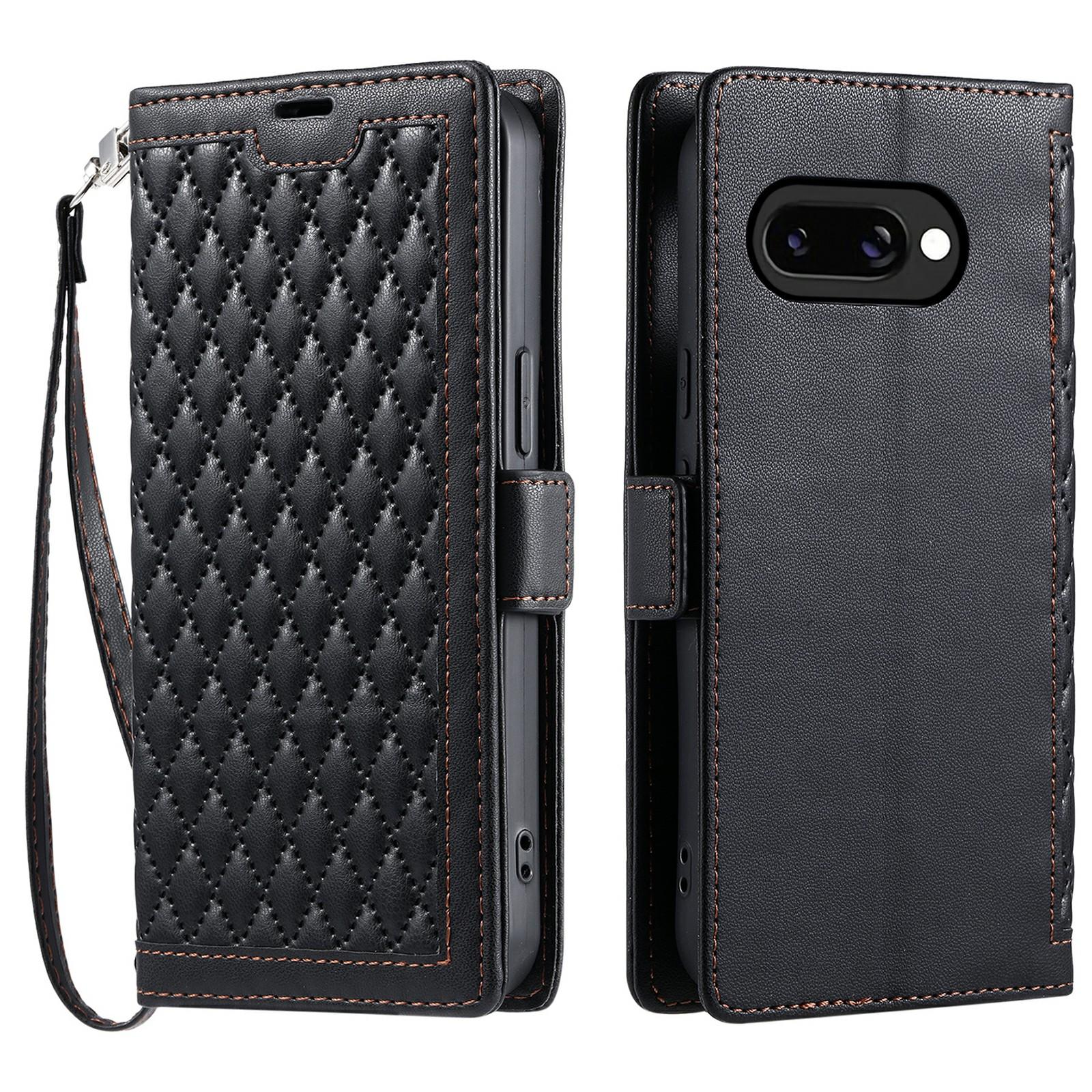 

For Google Pixel 9a Leather Case Rhombus Texture Wallet Stand Phone Cover with Wrist Strap A