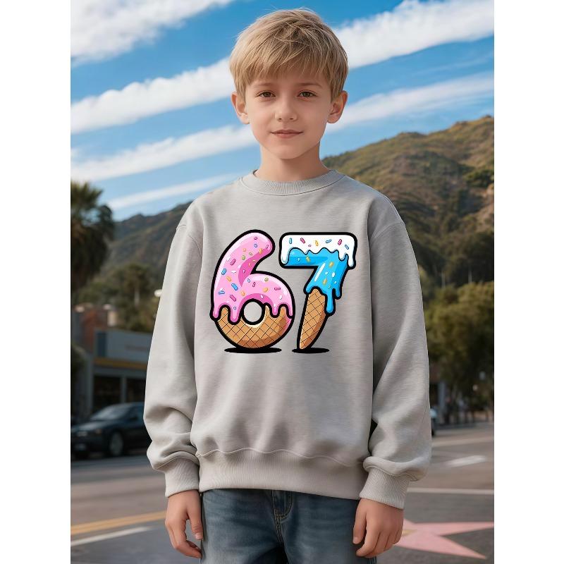kids unisex Round Neck Sweatshirt 67 SixtySeven Fun Number Donut Theme Sweatshirt Cartoon Number 67 Ice Cream Donut Pattern Unisex Holiday