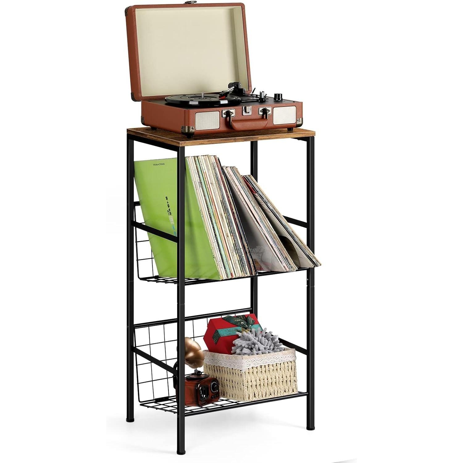 

3-Tier Metal Record Player Stand - Holds 90 Vinyl Albums, Turntable Shelf for Living Room/Bedroom/Office, Brown чёрный