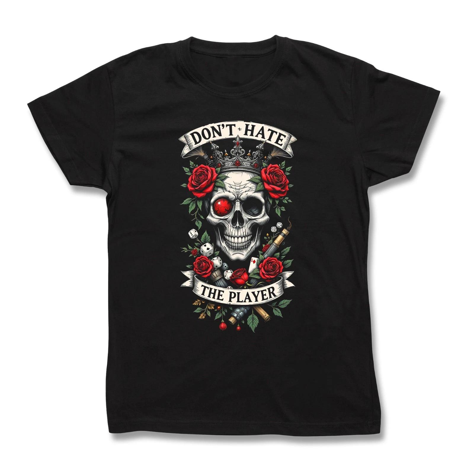 Cotton T-shirt - Don t Hate The Player Gambling Dice & Roses Tattoo Graphic Tee M