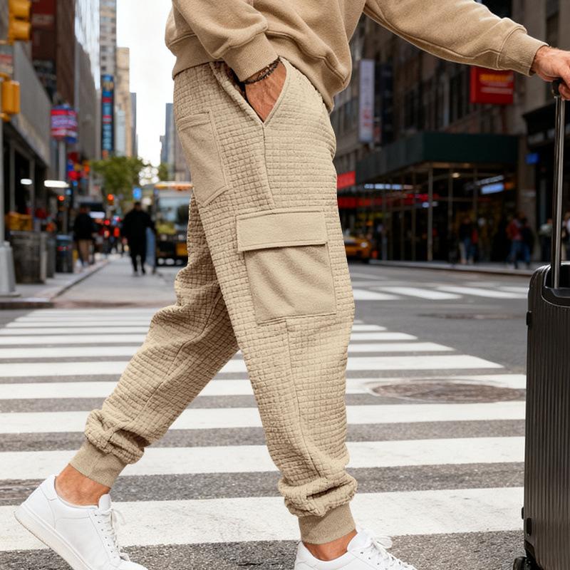 Spring and autumn jacquard checkered jogger pants, casual long pants for men, versatile and stylish multi-pocket trousers