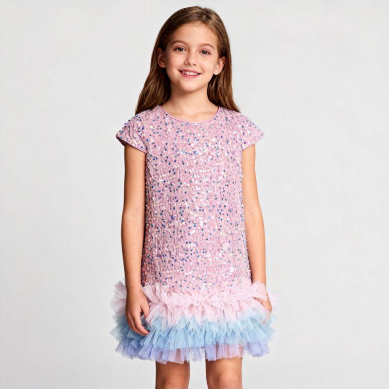 3-9 Years Kids Girls Sequin Dress with Tulle Hem
