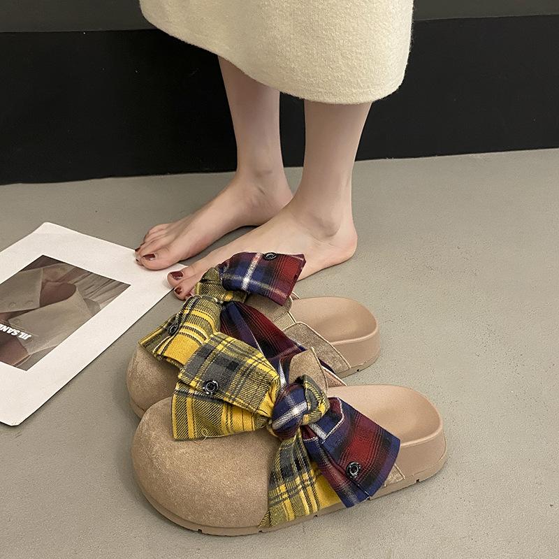 Bow Baotou Drag Women's Autumn Retro New Outer Wear Niche Design Feeling Ugly and Cute Fashion Versatile Half Slippers Tide