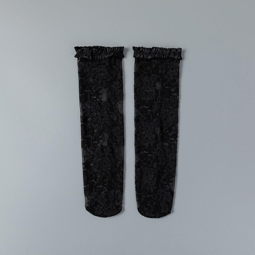 Mid-Calf and Long Lolita JK Mid-Calf Socks Net Socks Lace Silk Hosiery Flower Leg Warmers  Women Mid Black