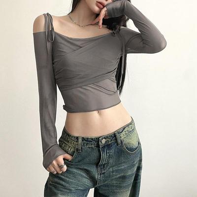 Solide Crop-Tops mit U-Boot-Ausschnitt, sexy schulterfreie Träger, langärmelige T-Shirts, schmale Mesh-Tees, Y2K Streetwear für Damen