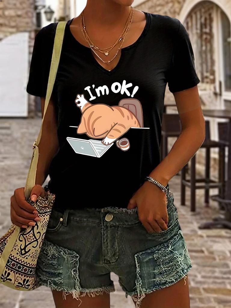Women's Summer V-Neck Short Sleeve T-Shirt, "I'm OK!" Lazy Cat Office Print, Funny Cat Lover Casual Fashion Top