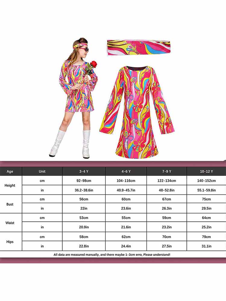 Halloween Retro 70s Disco Cosplay Costume Vintage Print Long Bell Sleeves Hippie Dance Dress with band Party Dress Up
