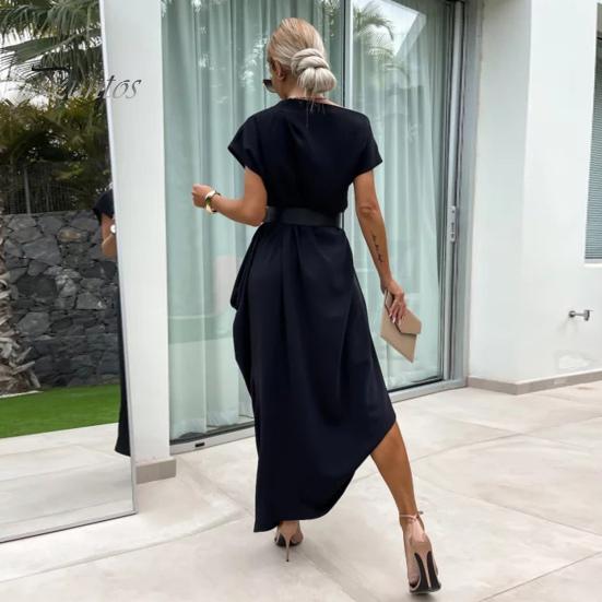 Summer Women Dress Irregular Short Sleeves One Shoulder Solid Color Baggy Ankle Length Tight Waist Slant Neck Lady Commute Prom Party Maxi Dress