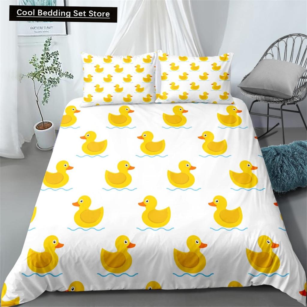 Cartoon Yellow Duck King Queen Duvet Cover Farm Lovely Animal Bedding Set Blue Bubble Quilt Cover Soft Polyester Comforter Cover